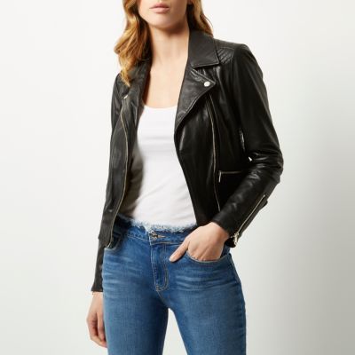 Black quilted leather biker jacket